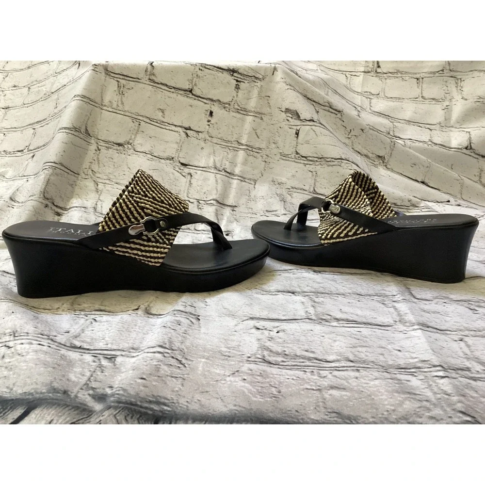 Italian Shoemakers Black Woven Wedge Sandals Platform Toe Loop Slides Size 7.5